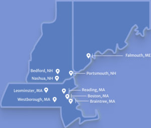 A map of New England with Fertility Centers of New England marked and labeled.