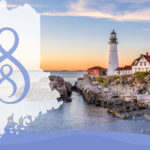 A photo of a lighthouse in Maine backlit by a sunset. A map of Maine featuring the Fertility Centers of New England logo is prominently displayed on the left.